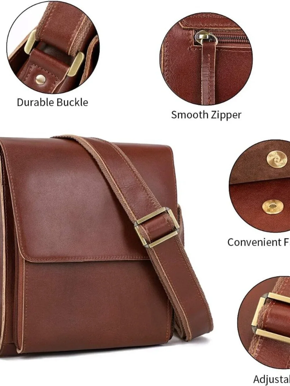 Men's Brown Red Genuine Leather Crossbody Travel Metal Zipper Messenger Hand Bag